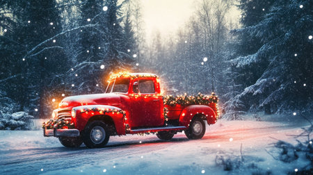 A vintage red truck adorned with colorful Christmas lights parked in a snowy forest, creating a magical winter scene perfect for holiday celebrations.の素材