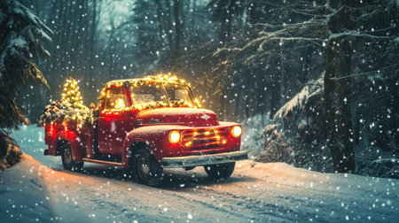 A vintage red truck adorned with Christmas lights drives through a snowy forest, creating a magical winter scene filled with holiday cheer and nostalgia.の素材