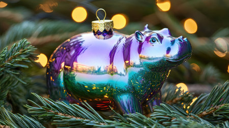 A vibrant pig ornament glistens among pine branches, capturing the essence of festive celebration. This colorful decoration adds charm to holiday decor.の素材