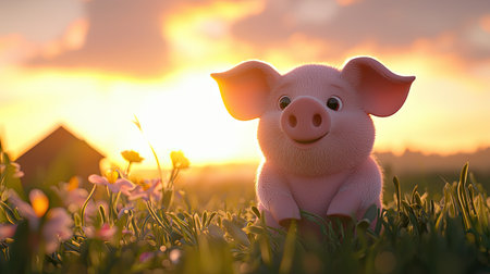 A cheerful piglet sits in a lush green field during a vibrant sunset, surrounded by wildflowers. The scene captures the essence of innocence and joy in nature.の素材