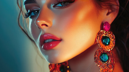 Stunning close-up portrait of a woman showcasing vibrant jewelry and makeup, capturing her beauty and elegance with exquisite lighting and colors.の素材