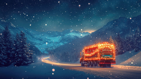 A festive truck adorned with bright lights navigates a serene snowy landscape, set against majestic mountains. The magical atmosphere captures the essence of winter holidays.の素材