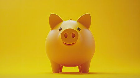 A cheerful yellow piggy bank smiles against a bright yellow background, representing savings, joy, and childhood memories. Ideal for finance concepts and playful themes.の素材