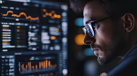 A serious professional intently analyzes data displayed on a modern computer screen. The close-up captures the focus and dedication to understanding trends and insights.の素材