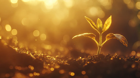A tiny seedling emerges from dark soil, illuminated by beautiful golden sunlight. This peaceful scene represents growth, life, and the beauty of nature in harmony.の素材