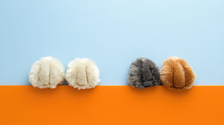 A pair of soft furry slippers in neutral colors are placed on a vibrant background. Their cozy design makes them perfect for home relaxation and stylish comfort.の素材