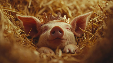 A delightful image of a cute piglet sleeping in a bed of straw with a shimmering golden crown. This charming scene captures the essence of innocence and tranquility.の素材