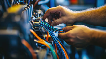 This image captures hands skillfully connecting colorful wires in an industrial setting, showcasing precision and focus in technology maintenance and assembly tasks.の素材