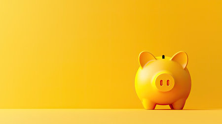 A bright yellow piggy bank sits against a smooth yellow background, symbolizing savings and financial planning. The cheerful design enhances minimalistic decor.の素材