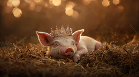 This charming image features a cute piglet wearing a sparkling crown, resting peacefully on a bed of straw amid a softly lit background, evoking warmth and joy.の素材