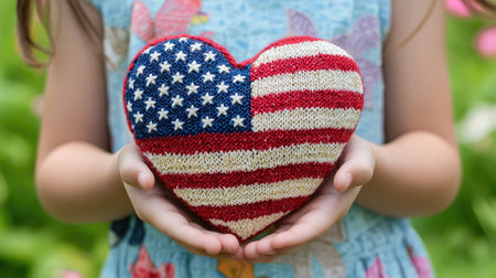 A child holds a knitted heart adorned with the American flag pattern, surrounded by a vibrant garden. This image captures the essence of love and patriotism.の素材