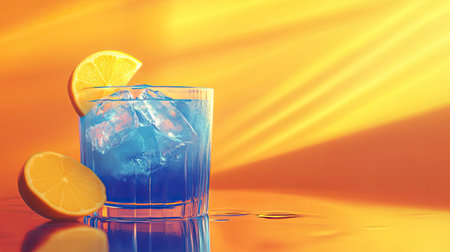 A stunning blue drink with ice and a slice of lemon sits in a glass, set against a bright orange background, perfect for summer vibes and refreshment.の素材