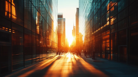 A stunning urban sunset captured between sleek glass buildings, creating a mesmerizing interplay of light and shadows, inviting exploration and reflection.の素材