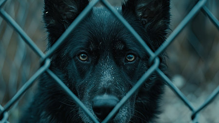 A poignant close-up of a stray dog with dark fur gazing through a chain link fence. The dog's sad eyes reflect a sense of longing and isolation, capturing deep emotion in an urban shelter environment.の素材