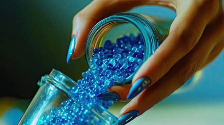 Close-up view of a hand elegantly pouring blue beads from a glass jar. The bright colors and stylish nails highlight artful creativity for crafting, jewelry design, and decoration.の素材