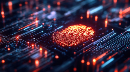 A vibrant digital fingerprint is shown over a futuristic circuit board, symbolizing data security and identity verification in the technological world.の素材