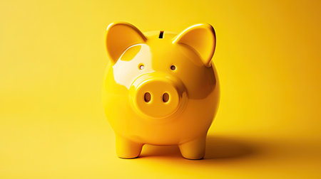 A vibrant yellow piggy bank stands against a bright yellow background, symbolizing savings and financial growth. This playful design inspires joy and creativity in money management.の素材