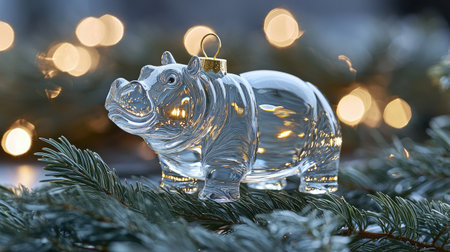 A stunning crystal hippopotamus ornament rests on a pine branch, illuminated by soft holiday lights, creating a magical and festive atmosphere for the season.の素材
