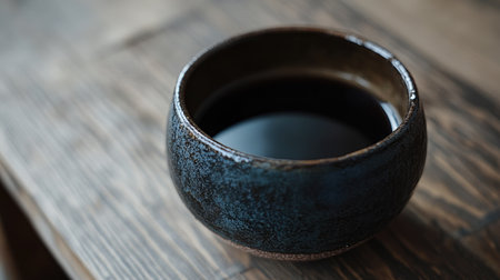 A close-up view of a dark ceramic bowl filled with liquid, resting on a rustic wooden table. This serene setting invites feelings of comfort and tranquility.の素材