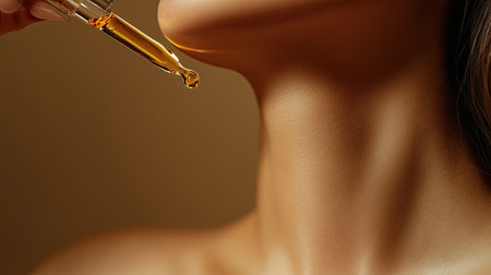 Close-up view of a woman applying facial oil to enhance skin texture and glow. The image captures the essence of beauty and self-care through skincare routines.の素材