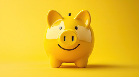 A cheerful yellow piggy bank stands against a vibrant yellow background, symbolizing savings and financial goals. Its playful design adds a touch of joy to money management.の素材