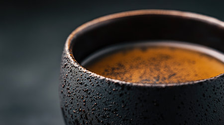 A close-up view of a coffee cup featuring moisture on its surface, set against a dark background. The image captures the warmth and inviting quality of a brewed beverage.の素材