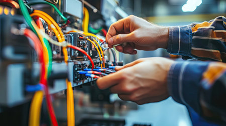 A technician focuses on repairing electrical equipment, interacting with colorful wires and tools. The image captures the detail of hands at work in a modern workshop.の素材