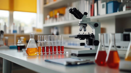 A vibrant laboratory workspace featuring a microscope, colorful solutions in test tubes and beakers, and various scientific tools perfect for research and analysis.の素材