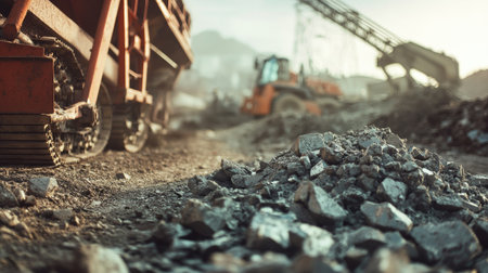 Industrial scene of heavy machinery working in a gravel quarry at sunrise. Excavation and transport of rocks on a construction site with earthworks.の素材