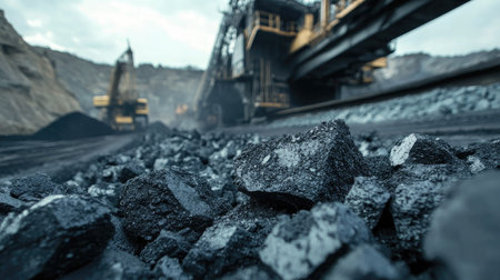 A close-up view of coal piles at a mining site, highlighting heavy machinery in the background. The image captures the raw beauty of coal extraction and industrial processes.の素材