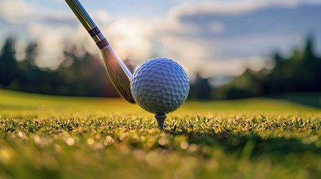 A close-up view of a golf club poised to hit a golf ball on a lush fairway. The scene captures the essence of sportsmanship and focus in a serene outdoor setting.の素材
