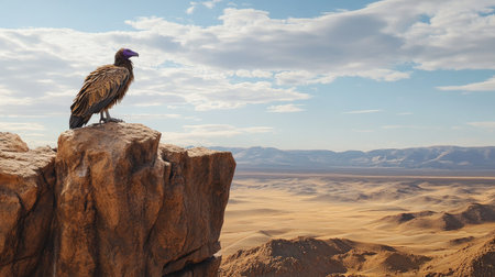 A majestic vulture perches on a rocky cliff, surveying the vast desert landscape below. The scene captures the beauty of nature and wildlife in harmony.の素材