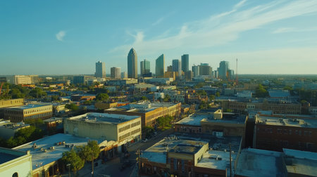 A stunning aerial view highlights the contrast between historic buildings and a modern city skyline. This breathtaking scene captures the essence of urban life.の素材