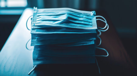 A closeup view of stacked surgical masks on a wooden table, illuminated by soft light. This image symbolizes health precautions and safety measures in everyday life.の素材