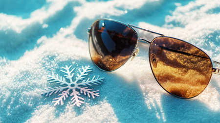 A pair of stylish sunglasses rests on a blanket of snow, reflecting warm sunlight. A delicate snowflake nearby adds a charming detail to this winter scene.の素材