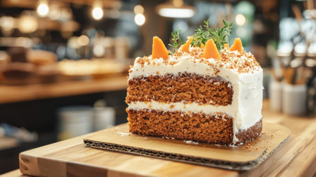 This delicious carrot cake features moist layers, creamy frosting, and playful toppings, perfect for celebrations or casual gatherings, showcasing culinary artistry.の素材