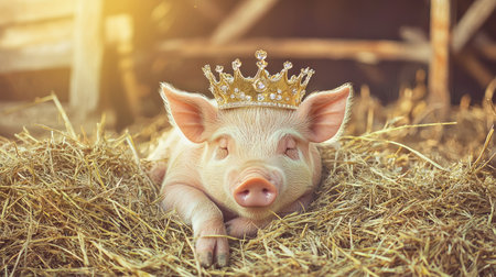 A charming pig adorned with a sparkling crown, lounging in soft hay under warm sunlight. This whimsical scene combines nature and humor, perfect for animal lovers.の素材