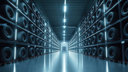 A modern tire storage facility featuring neatly arranged shelves filled with tires, illuminated by bright overhead lights, showcasing an organized automotive space.の素材