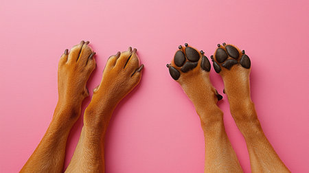 A delightful close-up of dog paws resting on a pink background, showcasing their cute features. Ideal for pet lovers and animal-themed projects.の素材