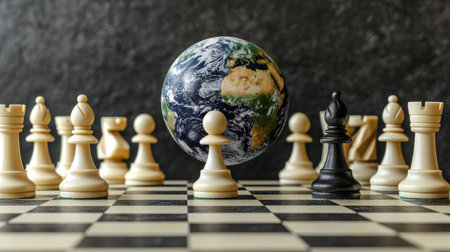 A unique chess setup featuring a globe at the center, symbolizing global strategy and the interconnectedness of challenges in the game of life.の素材