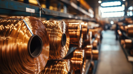 A detailed view of copper wire coils neatly arranged in an industrial warehouse setting, showcasing the metallic texture and the organized storage system.の素材