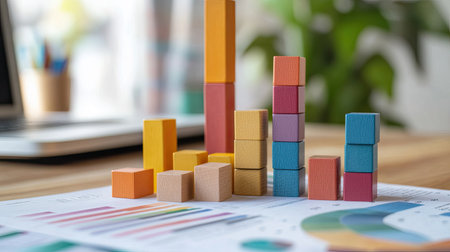 Colorful wooden blocks arranged in a bar chart on an office desk. This image captures the essence of data visualization, blending creativity and business statistics in a modern workspace.の素材