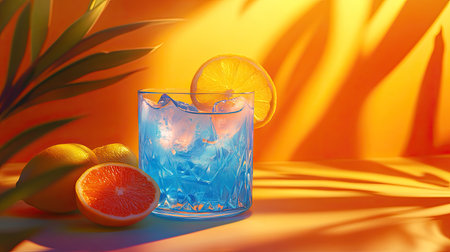 A vibrant blue cocktail served in a glass with ice and citrus slices, set against a warm, colorful background. Perfect for summer themes and refreshment.の素材