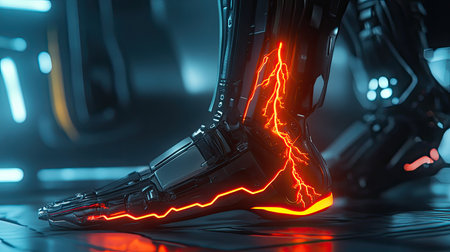 This detailed image features a futuristic cybernetic foot, illuminated by glowing energy lines. The design showcases advanced technology and sleek aesthetics, ideal for sci-fi themes.の素材