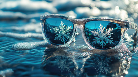Close-up of stylish sunglasses with snowflake patterns reflecting in blue water. The image captures the essence of winter at the beach with a frosty vibe.の素材