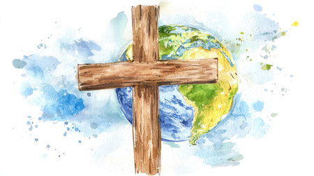 This watercolor art features a wooden cross in front of a vibrant Earth, symbolizing faith and spirituality. A perfect representation of harmony and belief.の素材