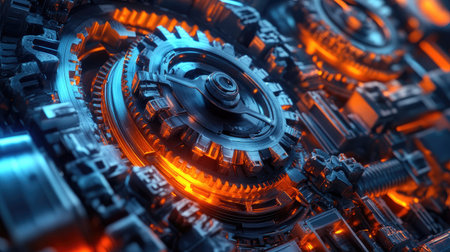 Explore a stunning close-up of intricate gears glowing in orange and blue. This high-tech composition evokes innovation and machinery, perfect for various design needs.の素材