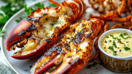 Mouth-watering grilled lobster tails served with creamy garlic butter sauce and garnished with fresh herbs, perfect for dining occasions or summer gatherings.の素材
