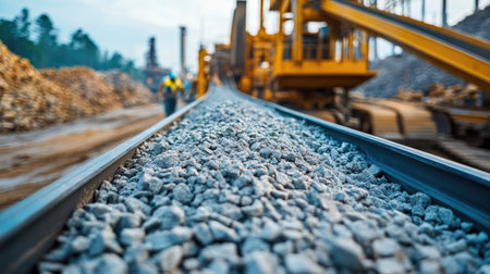 A construction site featuring a close-up view of gravel on tracks, with heavy machinery processing materials in the background, depicting industrial activity.の素材