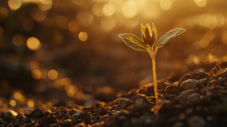A delicate green seedling rises from rich soil, illuminated by the warm glow of sunrise. This image captures the essence of new beginnings and the beauty of nature.の素材